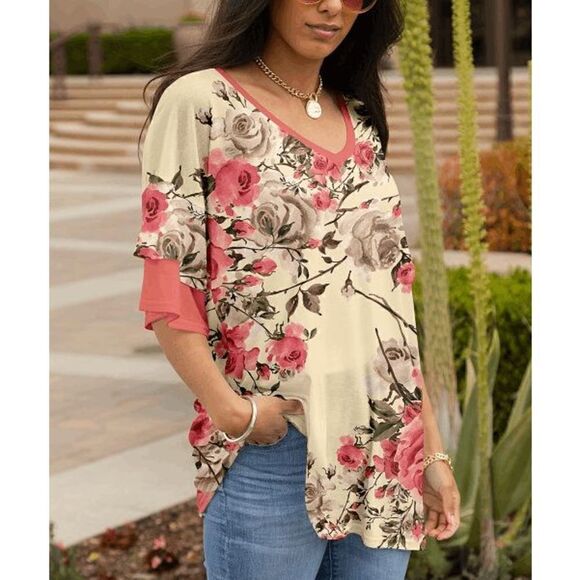 Cream & Coral Floral Ruffle-Sleeve V-Neck Tunic - Picture 1 of 8